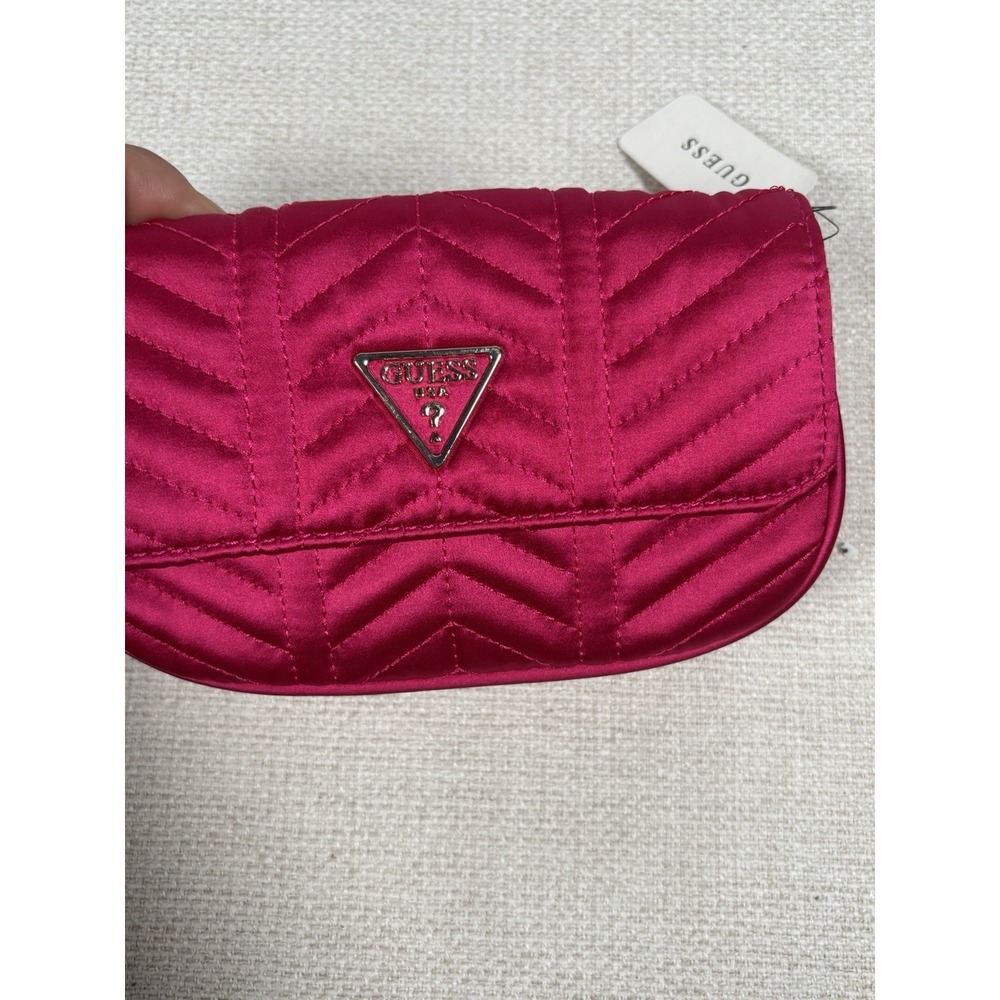 GUESS Fuchsia Pink Quilted Satin Chevron Flap Shoulder Bag Clutch